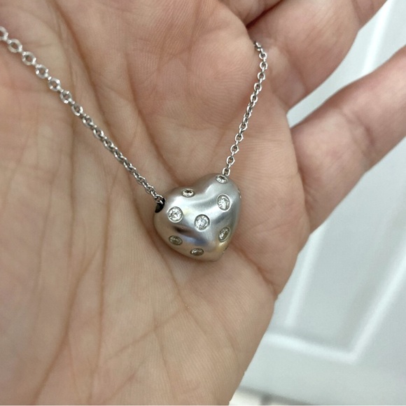 Solid Stamped 14K White Gold Natural Diamond Chunky Heart Pendant Necklace - Picture 3 of 16